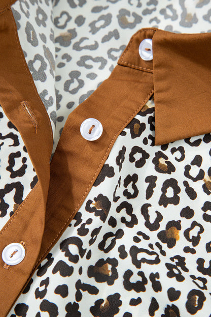 Khaki Plus Size Button V Neck Leopard Print Puff Sleeve Loose Mini Dress