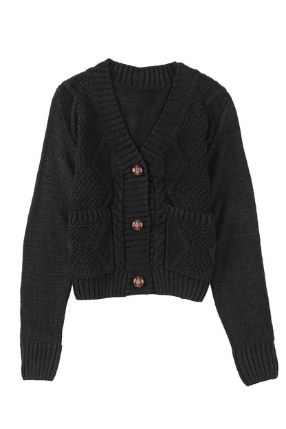 Elegant Black Textured V-Neck Cardigan with Front Pockets