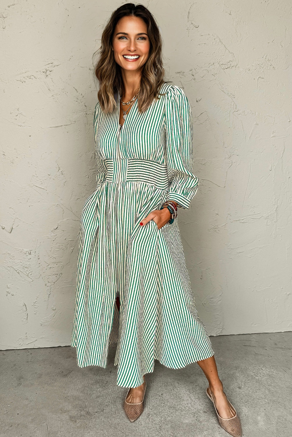 green stripe midi dress