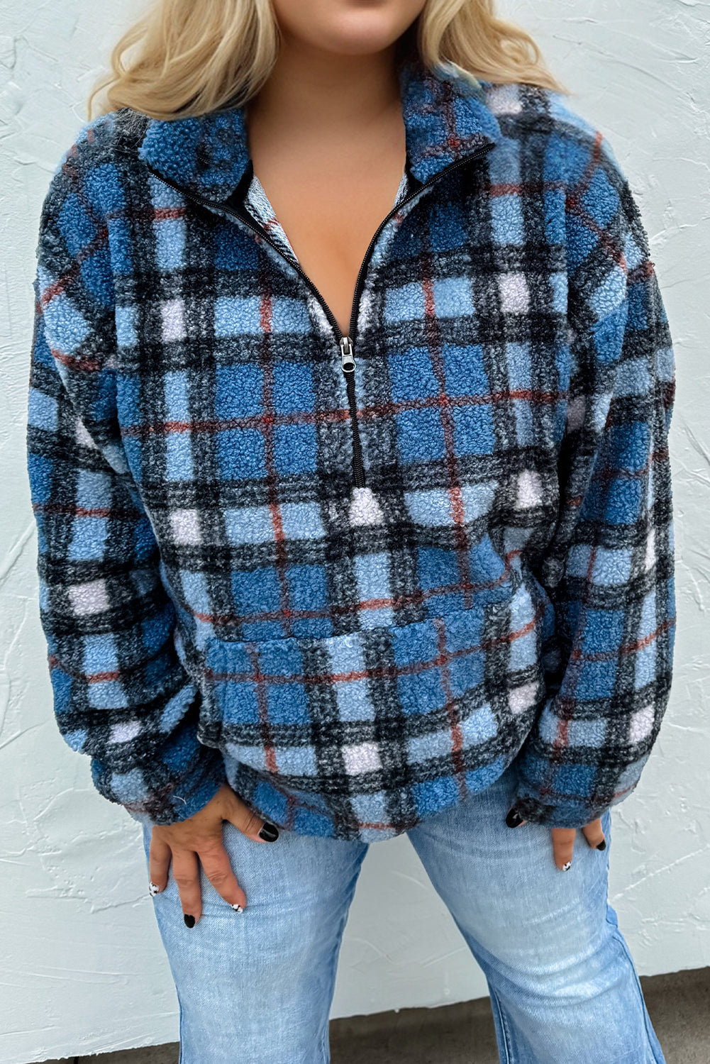 Sky Blue Plaid Print Collar Half Zip Plus Size Fleece Sweatshirt