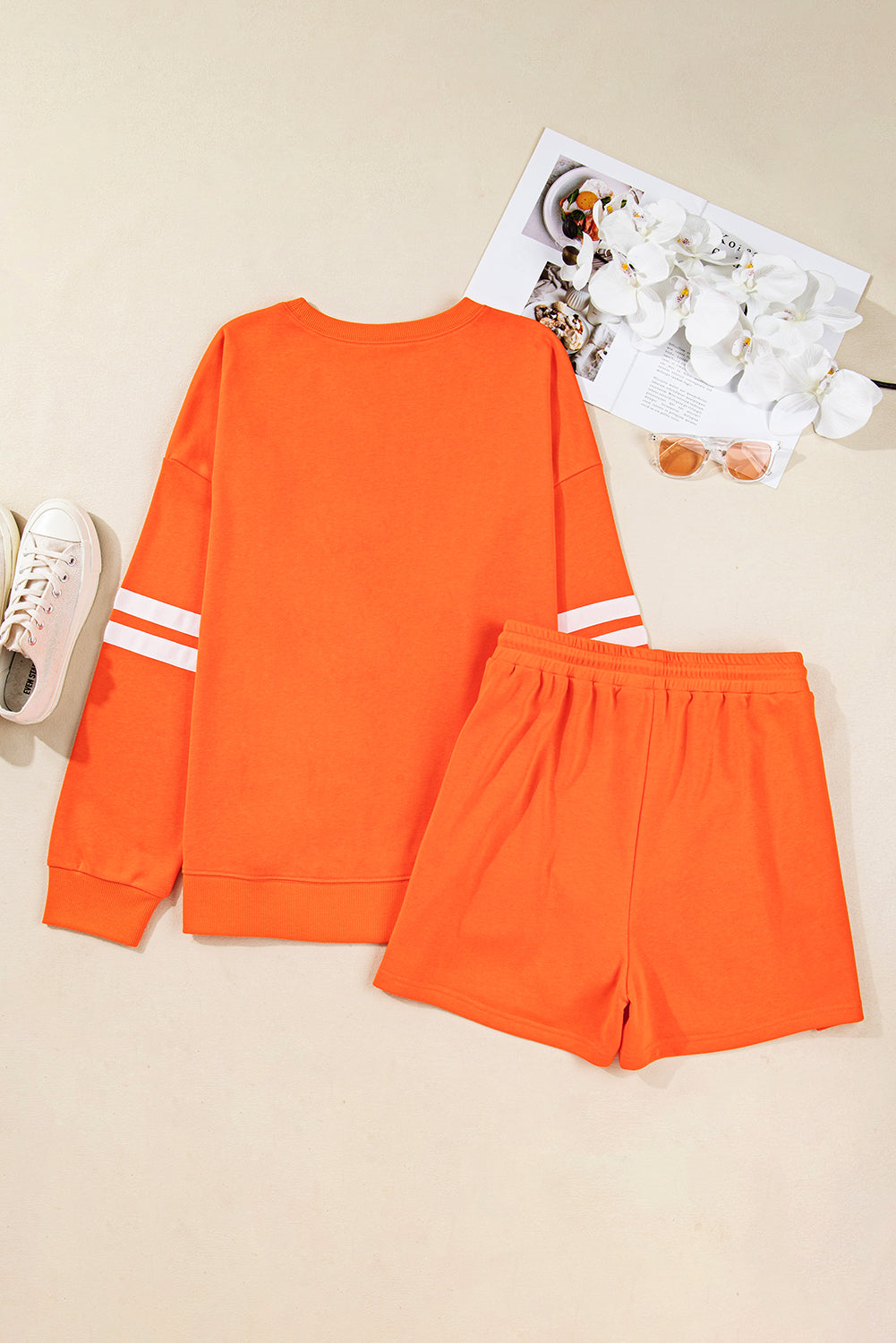 Orange Plus Size Varsity Striped Drop Shoulder Pullover Drawstring Elastic Waistband Short Set