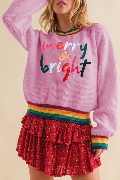 Festive Glitter Stripe Trim Casual Sweater