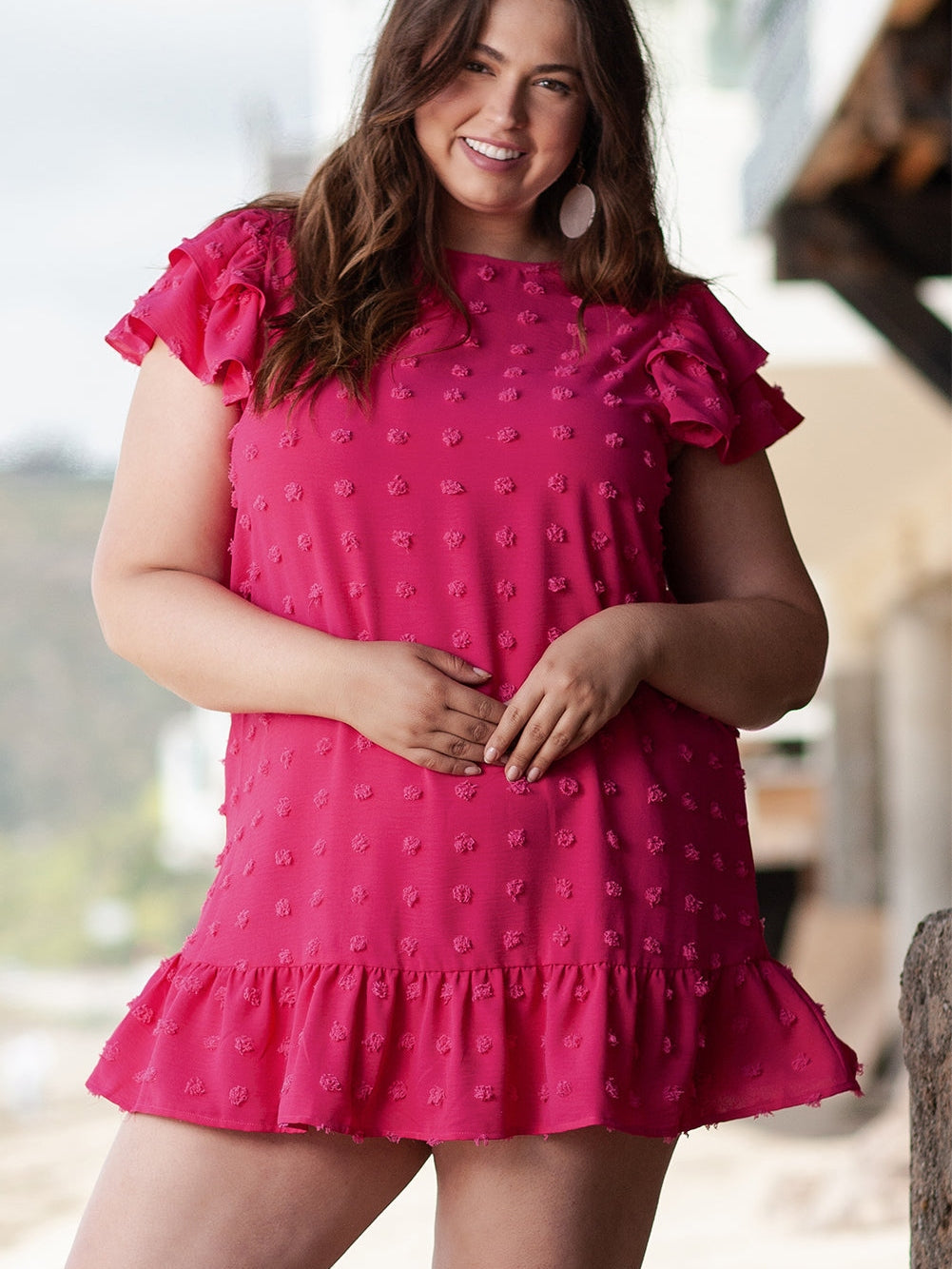 Strawberry Pink Jacquard Ruffle Sleeve Plus Size Mini Dress