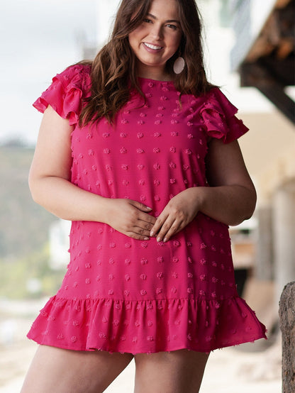 Strawberry Pink Jacquard Ruffle Sleeve Plus Size Mini Dress