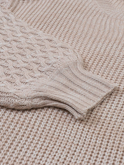 Elegant Cable Knit Drop Shoulder Sweater with Parchment Sleeves