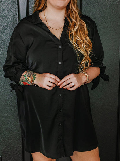 Black Plus Size Tie Cuffs V Neck Shirt Dress