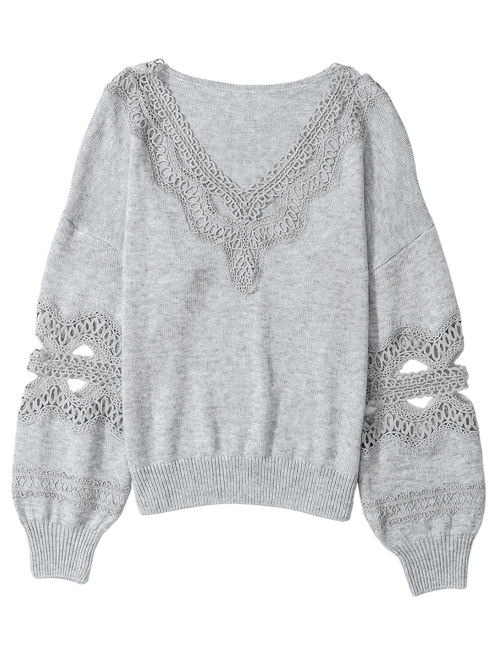 Graceful Gray Knit Lace V-Neck Oversized Sweater