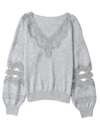 Graceful Gray Knit Lace V-Neck Oversized Sweater