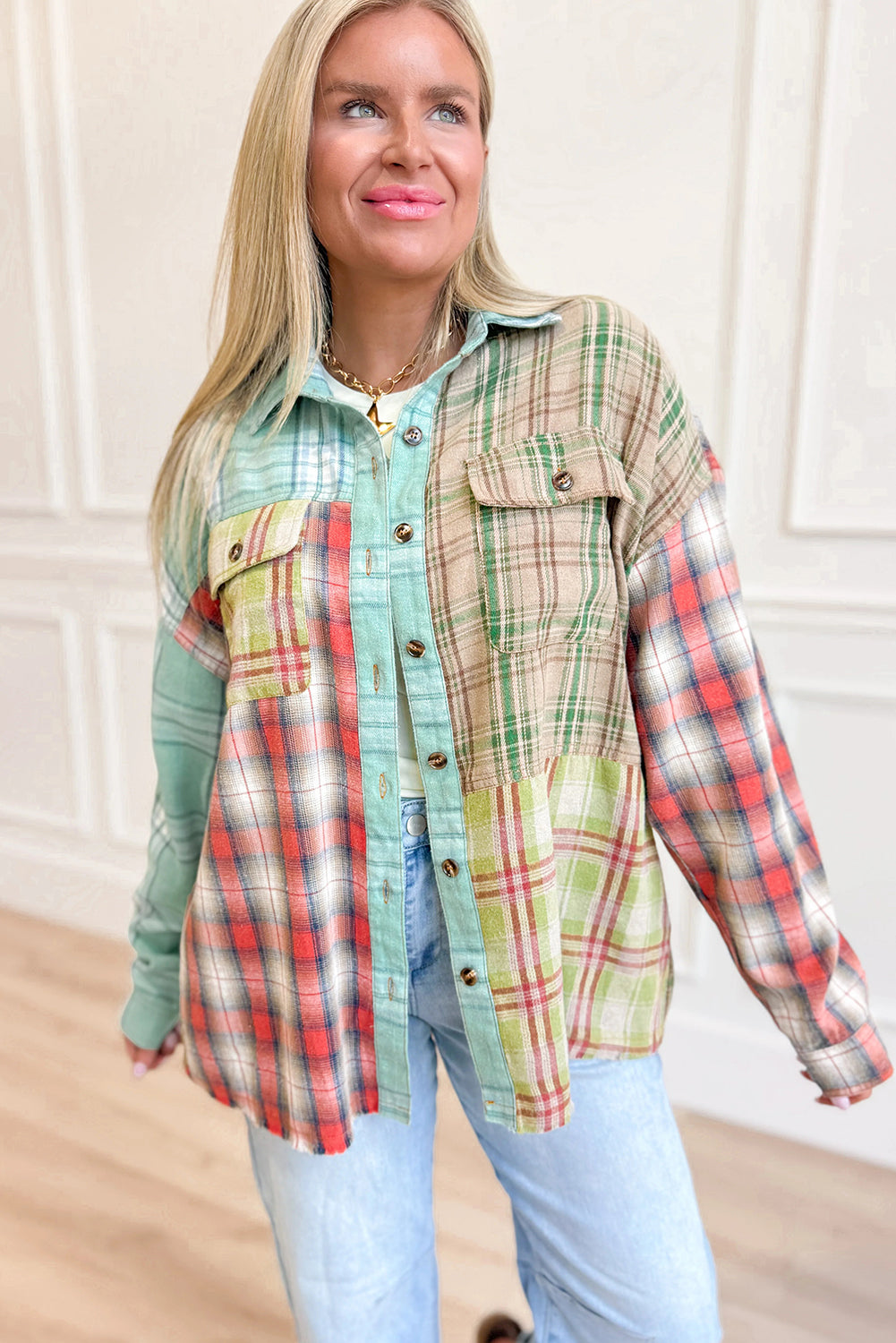 Green Mixed Plaid Patchwork Button Down Flannel Shacket