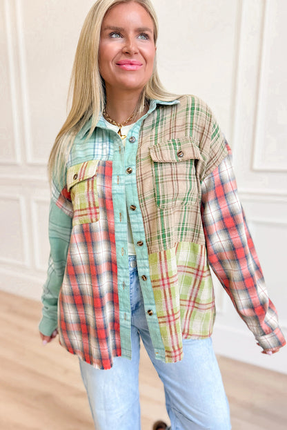 Green Mixed Plaid Patchwork Button Down Flannel Shacket