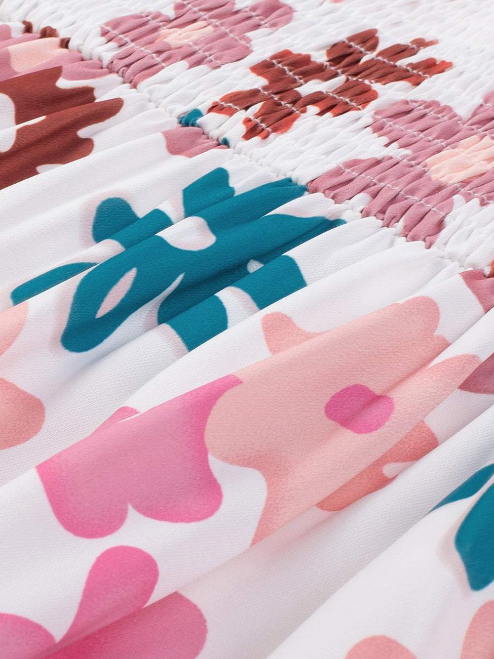 Floral Print Smocked Off Shoulder Plus Size Midi Dress in White