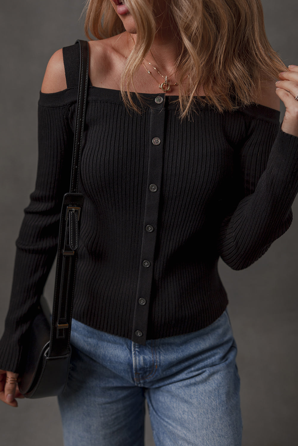 Black Ribbed Knit Cold Shoulder Button Front Sweater