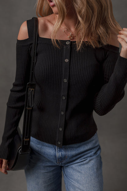 Black Ribbed Knit Cold Shoulder Button Front Sweater