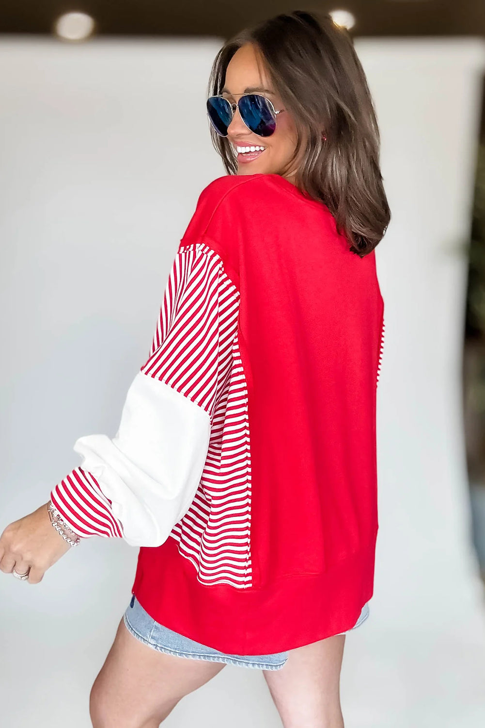 Fiery Red Striped Patchwork Sleeve Colorblock Sweatshirt