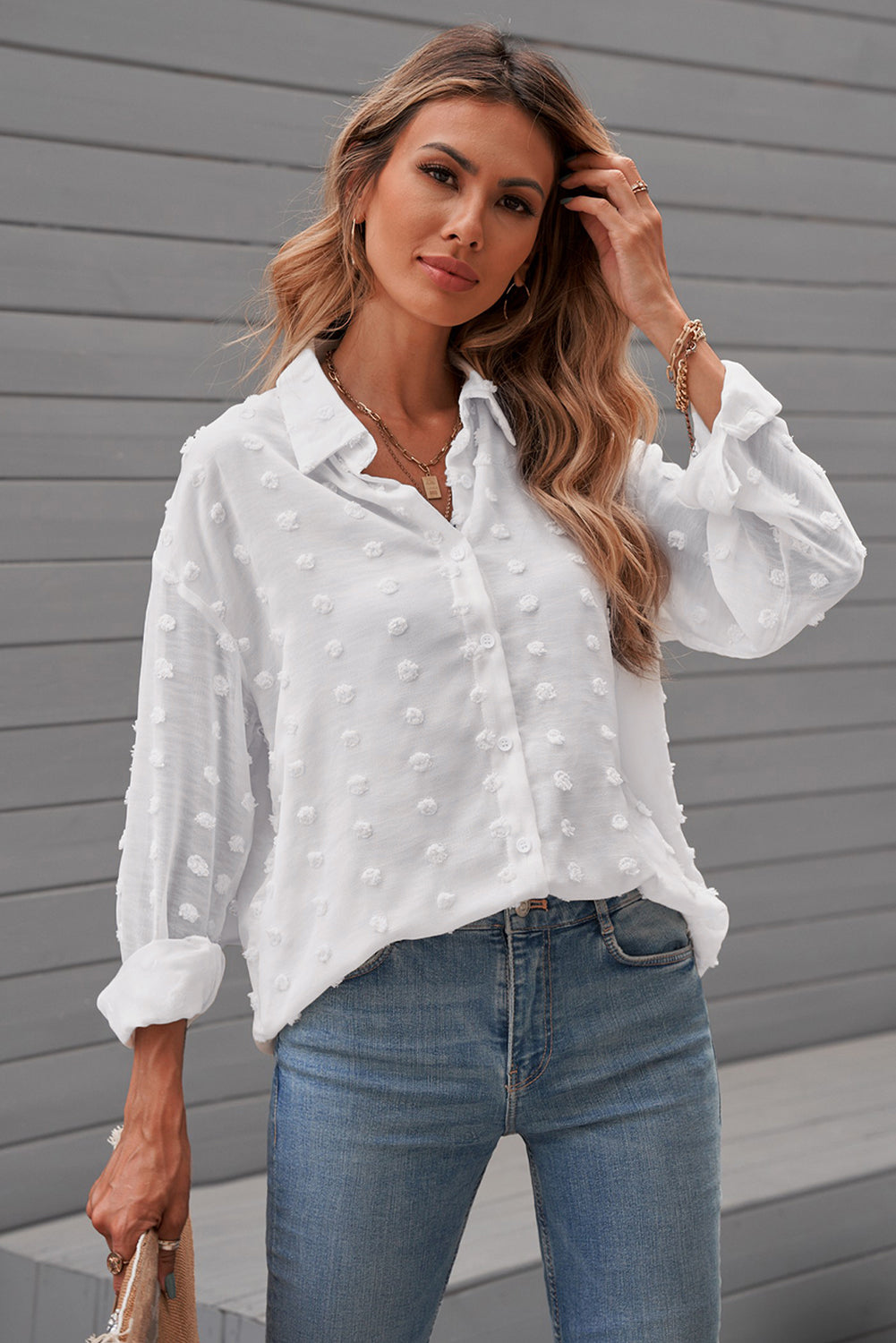 Elegant White Fuzzy Polka Dot Button-Up Shirt