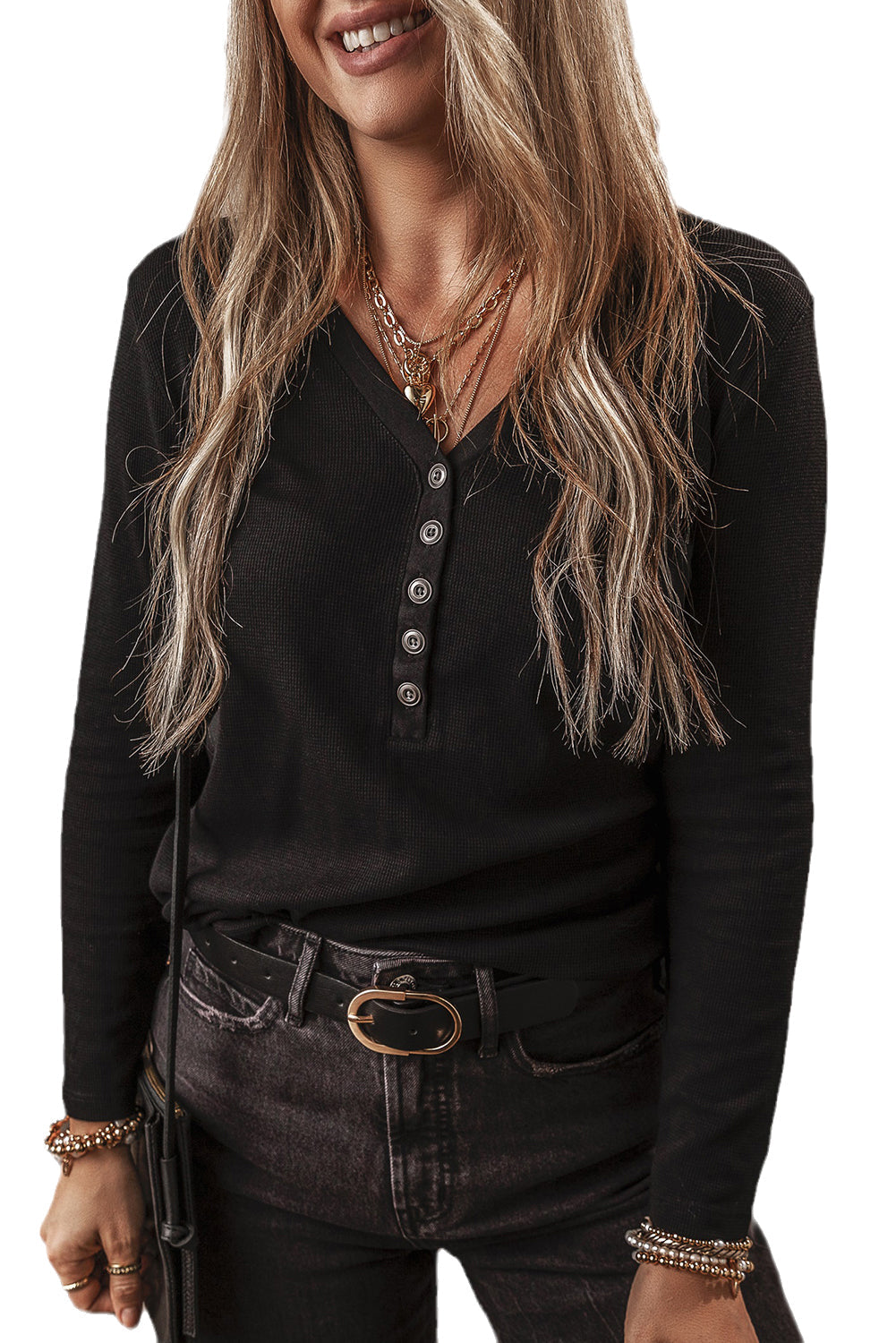 Elegant Black Ribbed V-Neck Top with Button Detail