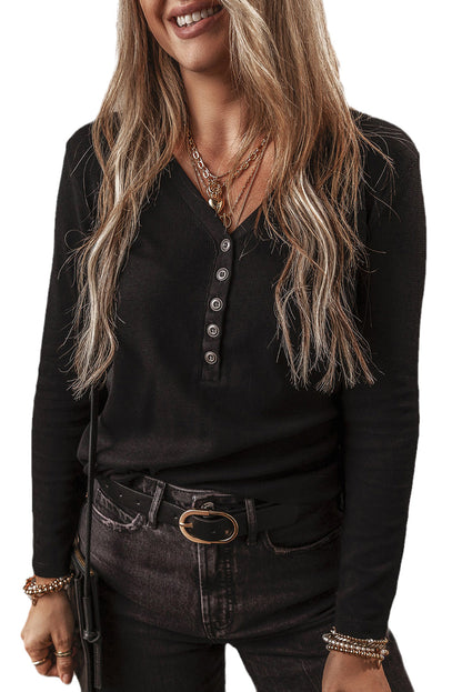 Elegant Black Ribbed V-Neck Top with Button Detail