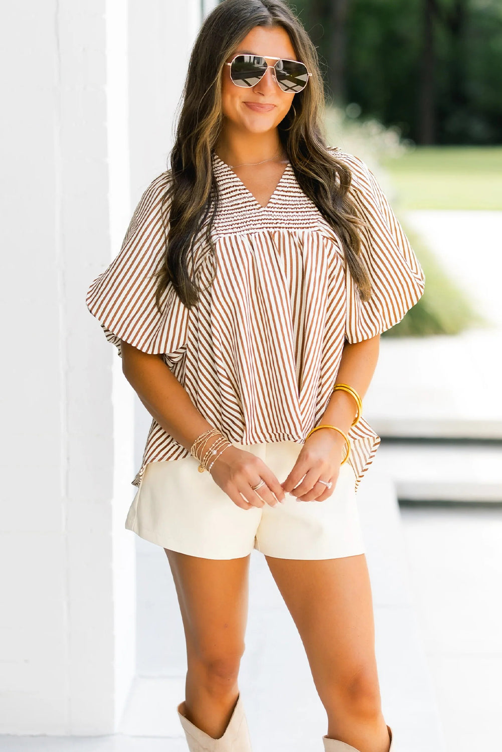 Brown Stripe Shirred V Neck Short Puff Sleeve Blouse