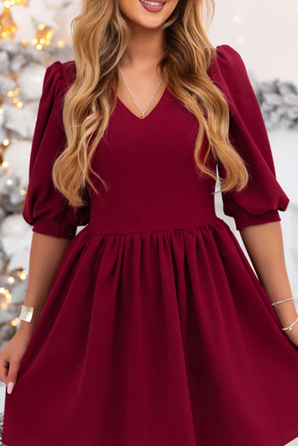Burgundy Festive Half Puff Sleeve Pleated High Waist A-line Mini Dress