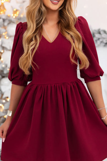Burgundy Festive Half Puff Sleeve Pleated High Waist A-line Mini Dress