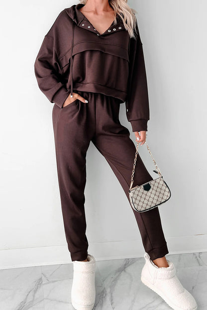 Chicory Coffee Button Drawstring Cropped Hoodie Sweatpants 2pcs Set