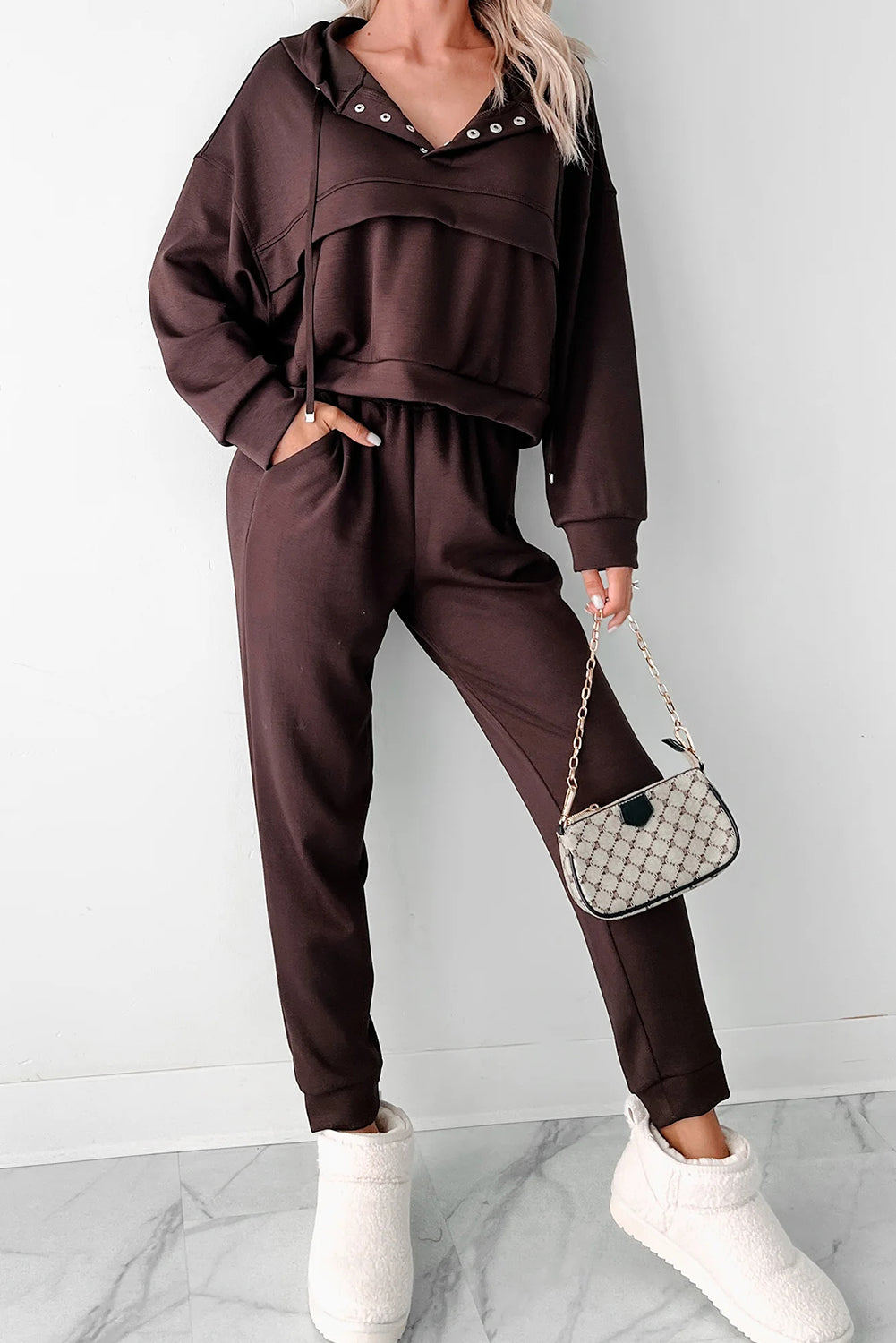 Chicory Coffee Button Drawstring Cropped Hoodie Jogger 2pcs Set