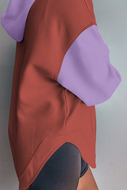Red Sandalwood Color Block Patchwork V Neck Drawstring Hoodie