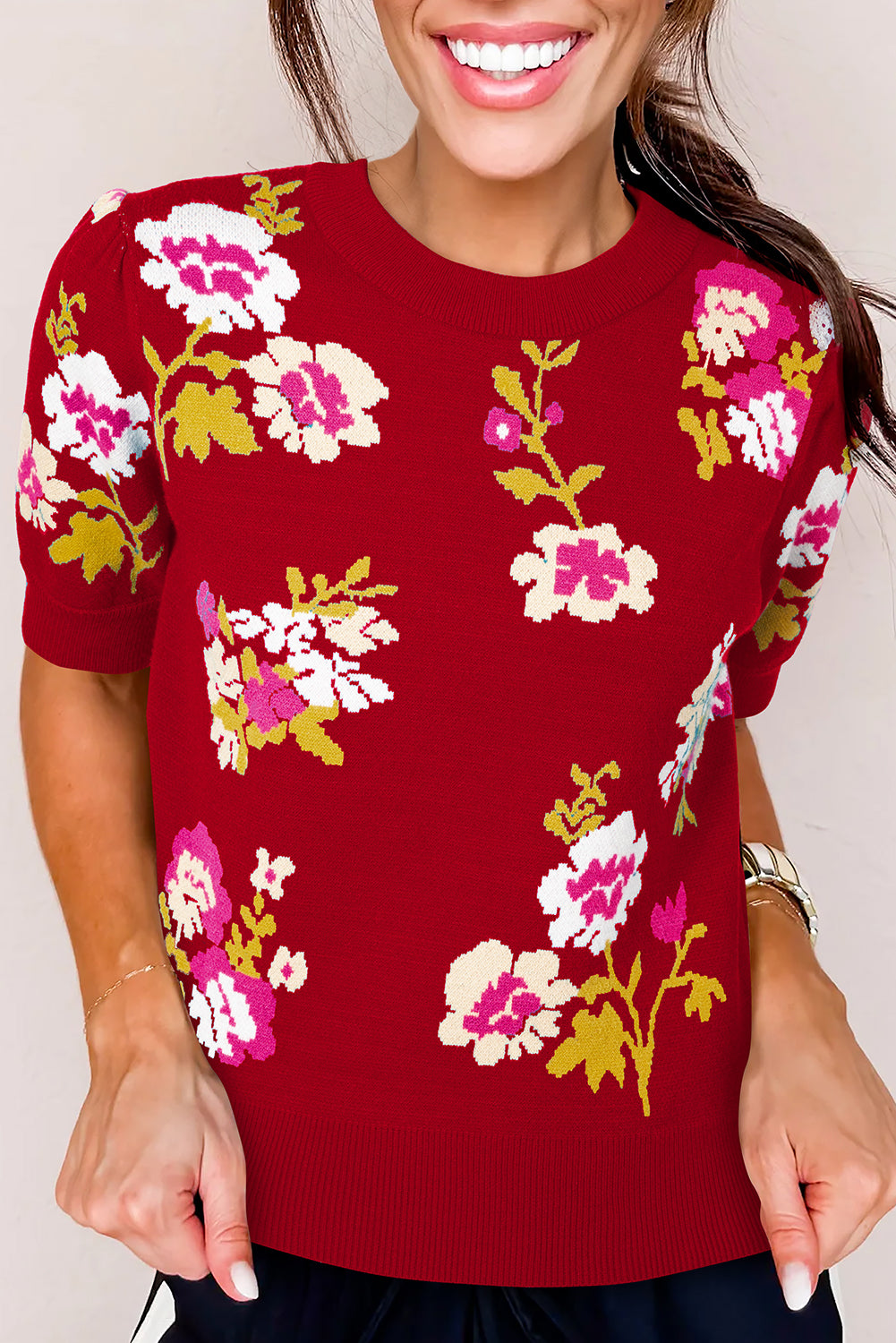 Red Flower Pattern Mock Neck Short Sleeve Knitted T Shirt