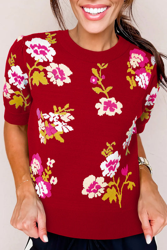 Red Flower Pattern Mock Neck Short Sleeve Knitted T Shirt