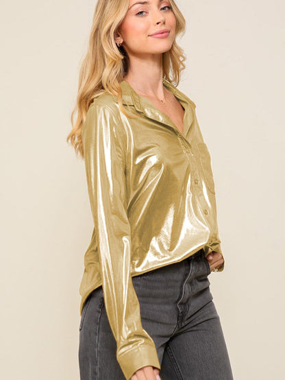 Golden Shimmer Shift Shirt with Chest Pocket