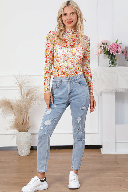 Floral Print Lettuce Hem Long Sleeve Top with Multicolor Design