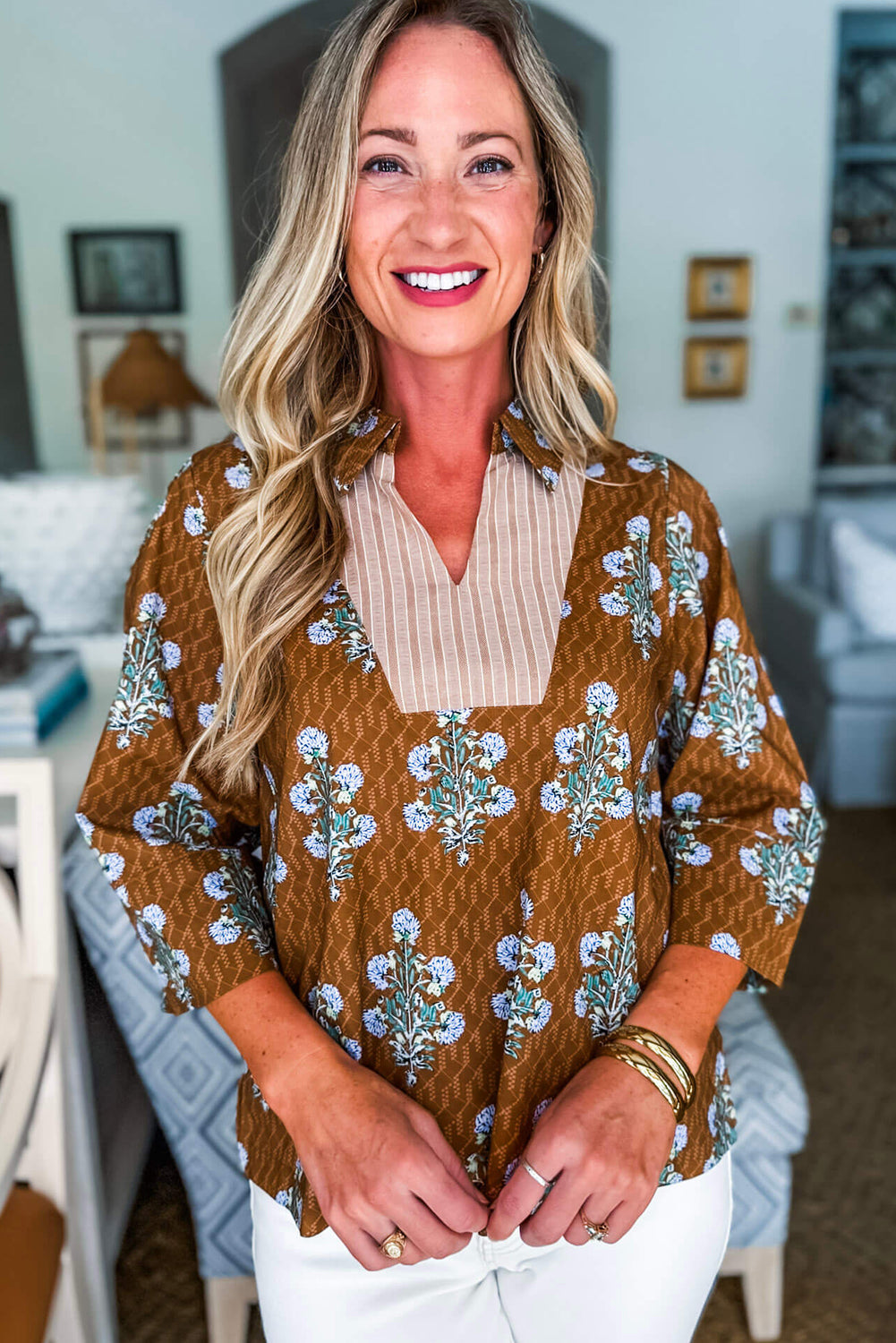 Brown Floral Print 3/4 Sleeve Contrast V Neck Patchwork Blouse