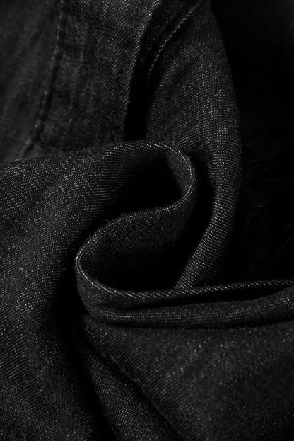 Black Chambray Ruffled 3/4 Sleeve Tiered Split V Neck Mini Dress