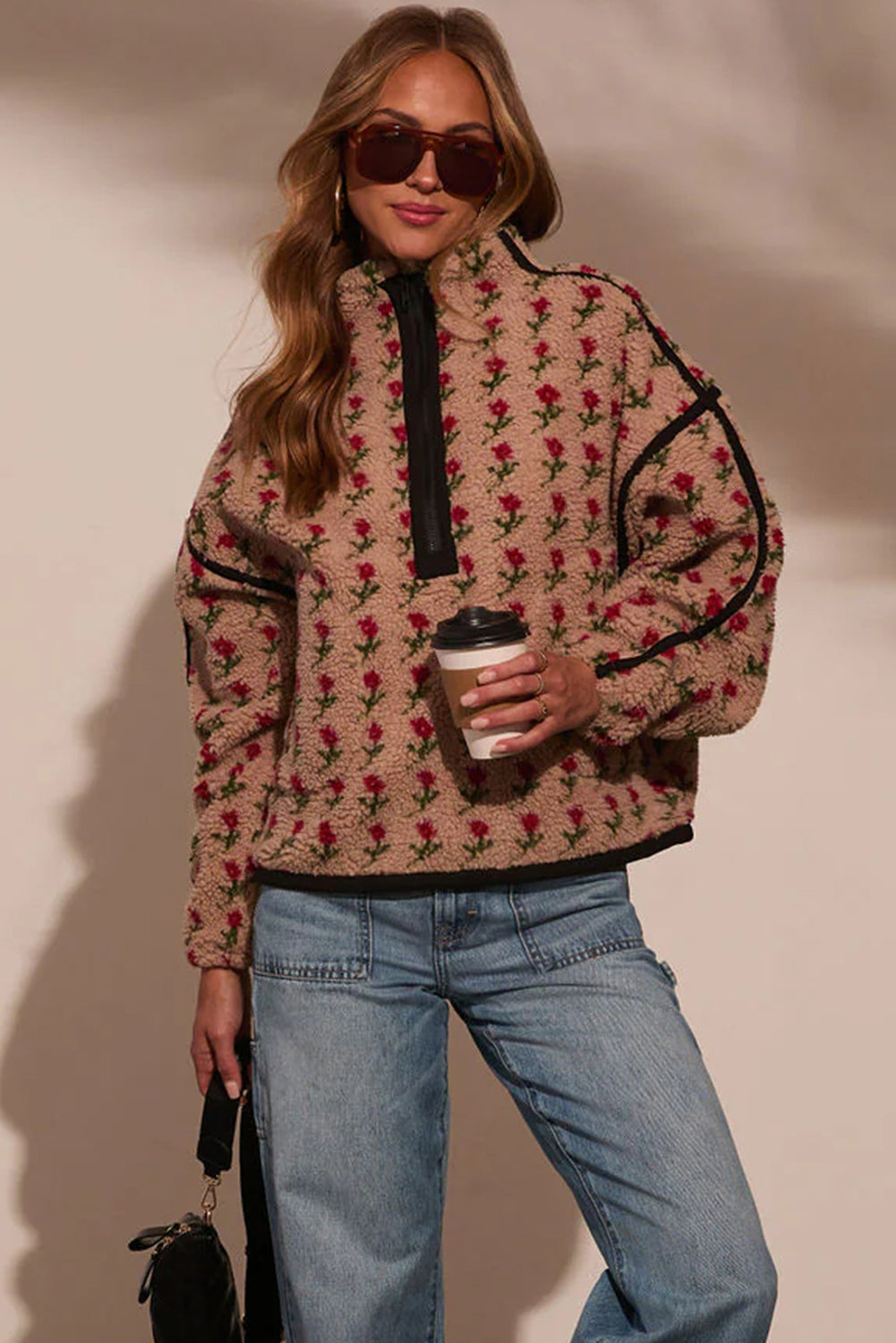 Green Floral Print Sherpa Half Zip Baggy Sweatshirt