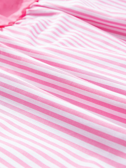 Pink Ricrac Stripe Block Puff Sleeve A-Line Shift Dress