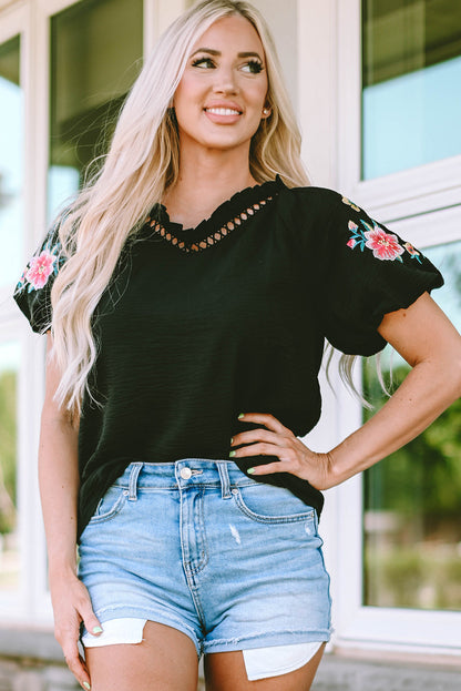 Elegant Black Floral Embroidered V-Neck Bubble Sleeve Top