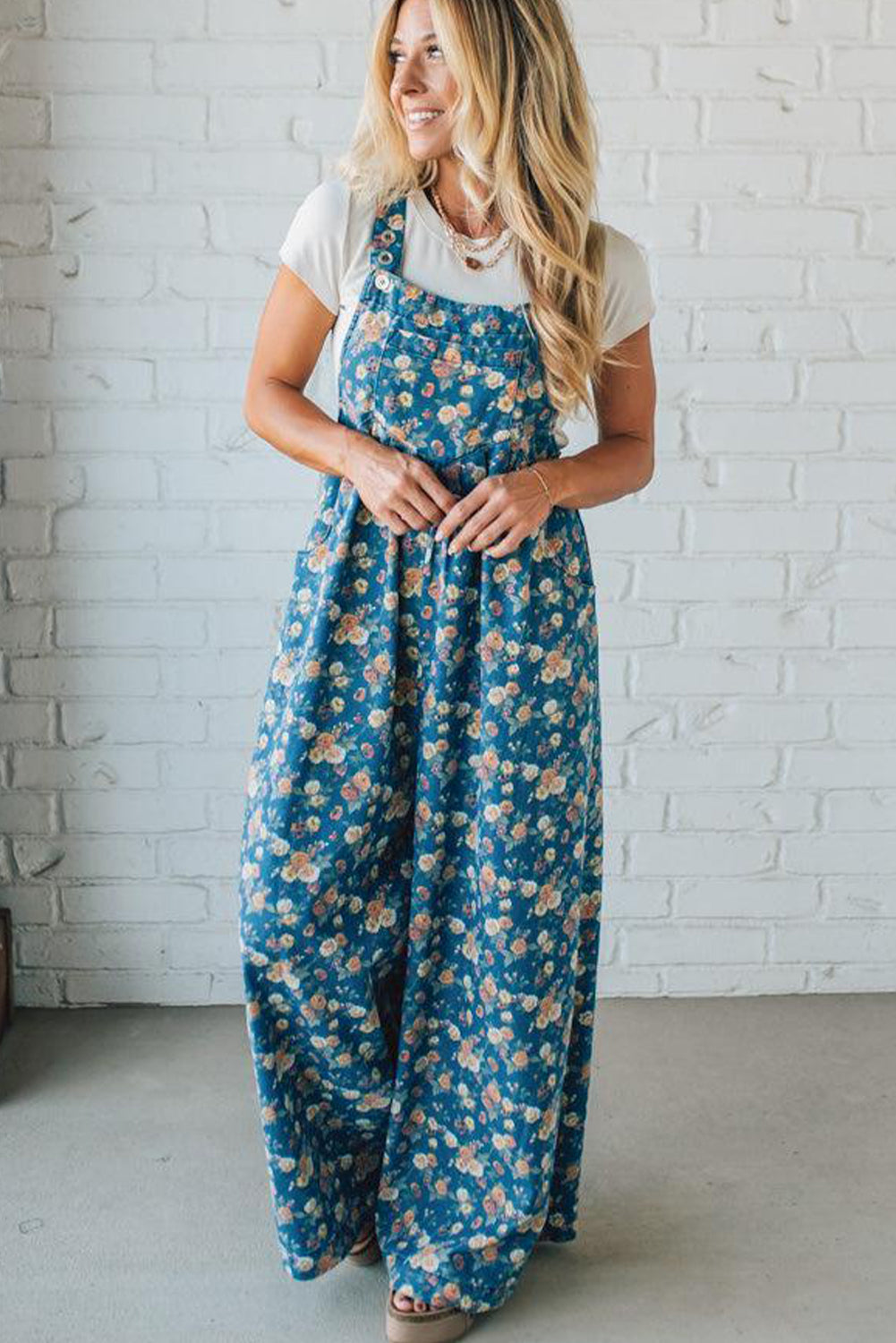 Blue Vintage Rose Printed Pleated Loose Denim Overall Jumpsuit