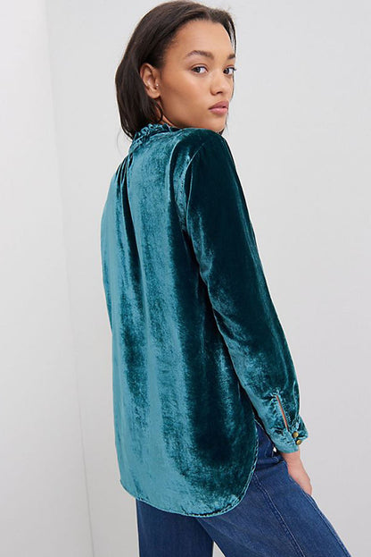 Frilled Neck Green Velvet Top with Buttoned Front