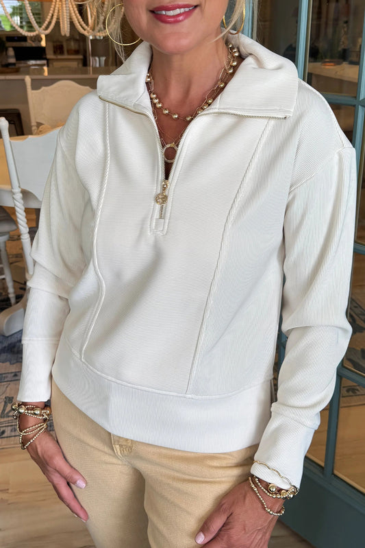 White Zip up Polo Collared Ribbed Sweatshirt