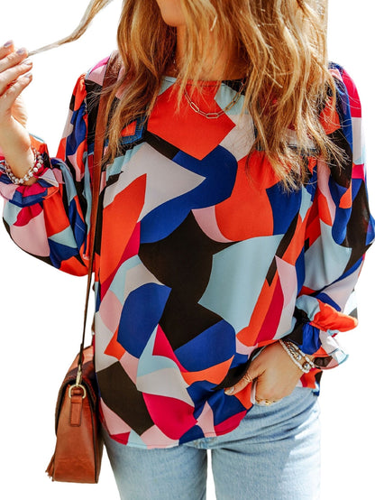 Glowing Abstract Pattern Ruffled Sleeve Crewneck Blouse