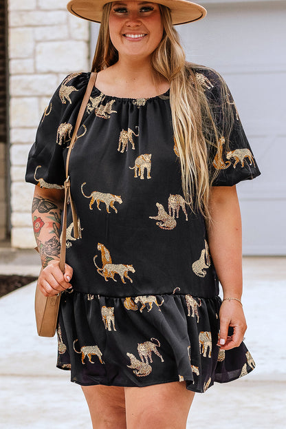 Cheetah Wonderland Plus Size Mini Dress with Puff Sleeve Flair