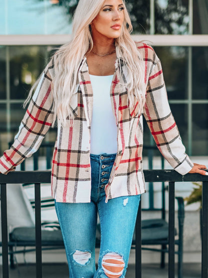 Khaki Plaid Print Sheath Button-Up Coat with Pockets