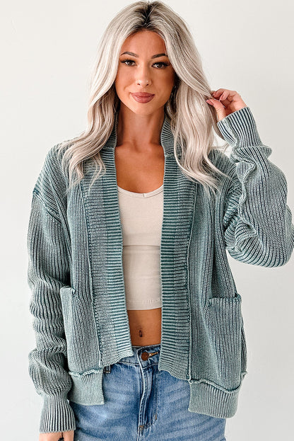 Evergreen Mineral Wash Exposed Seam Patchwork Knit Open Sweater Cardigan