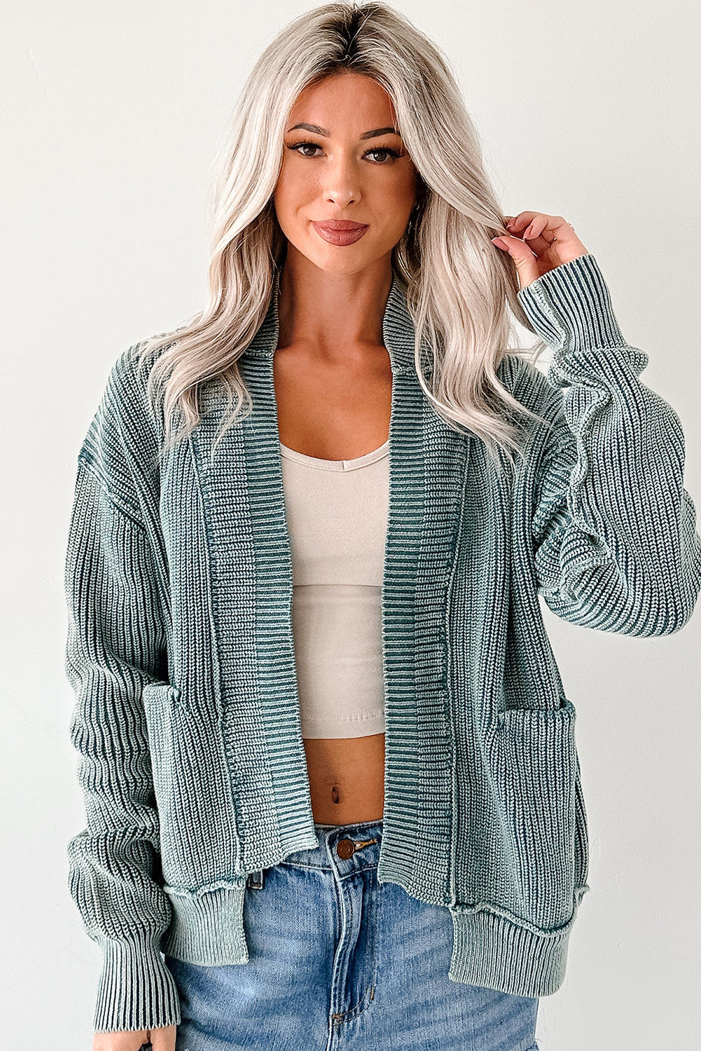 Evergreen Mineral Wash Exposed Seam Patchwork Knit Open Sweater Cardigan