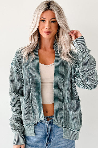 Evergreen Mineral Wash Exposed Seam Patchwork Knit Open Sweater Cardigan