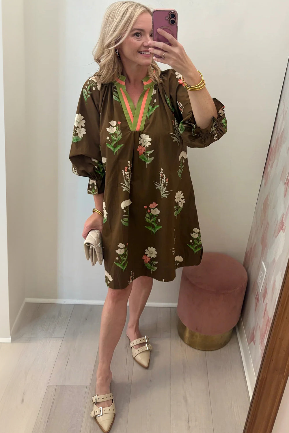 Brown Floral Print Striped Contrasted V Neck Flounced Bracelet Sleeve Shift Dress