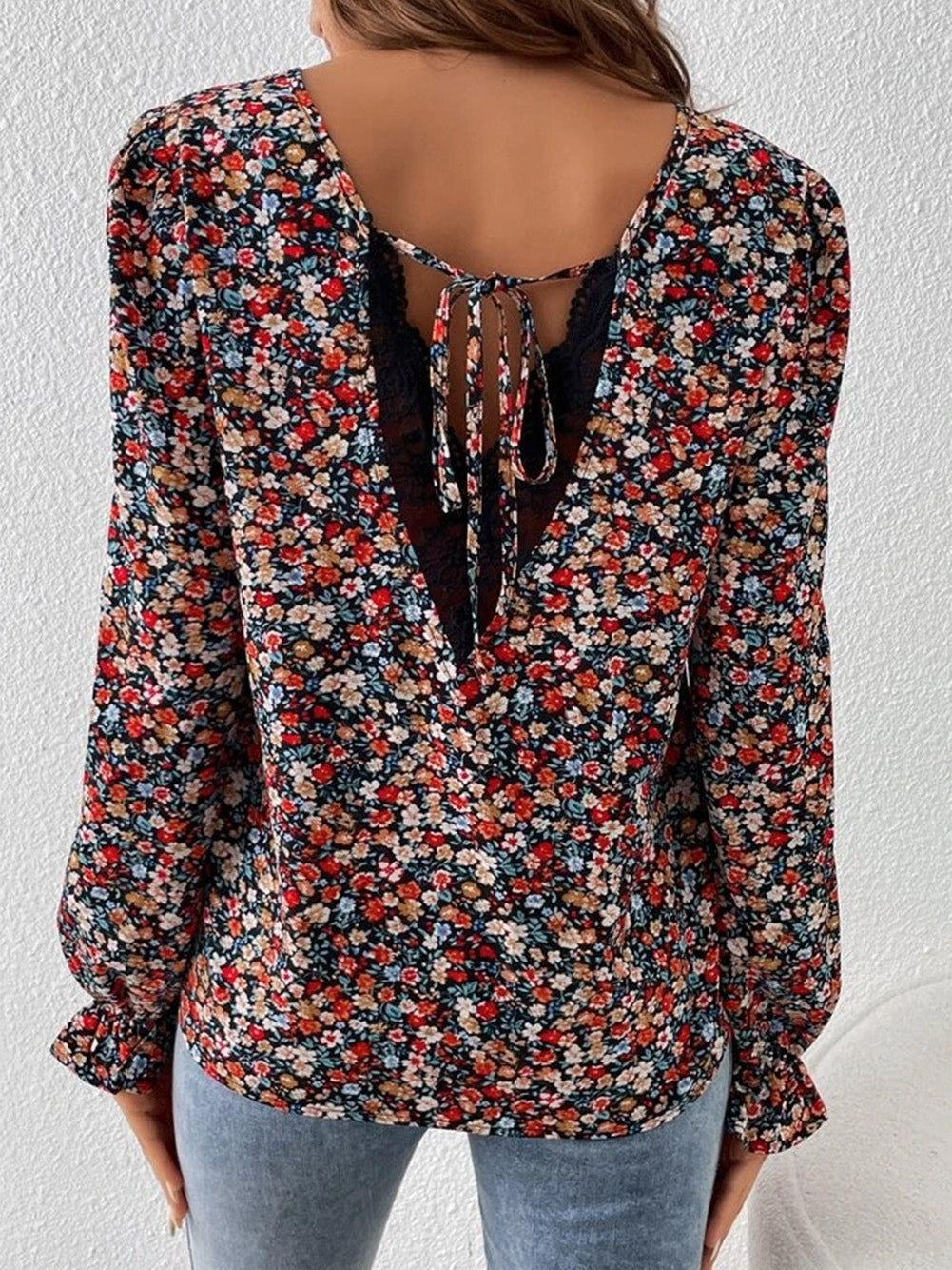 Flame Red Lace Patch V-Neck Tie-Up Puff Sleeve Floral Top