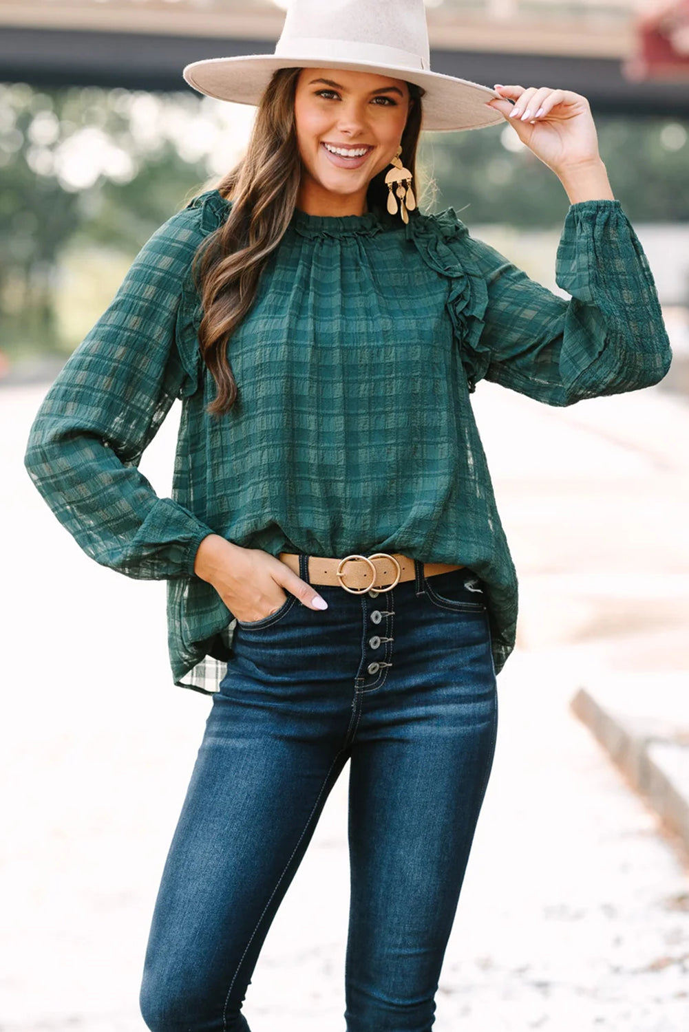 Skobeloff Solid Color Textured Ruffled Detail Long Sleeve Blouse