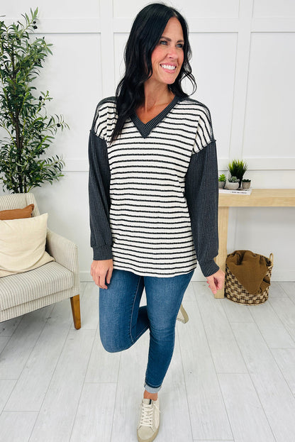 Black Twisted Ribbed Mix Striped Patchwork V Neck Long Sleeve Top