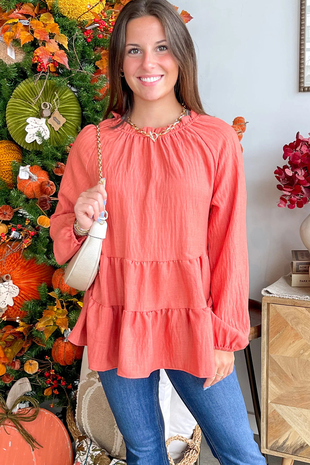 Orange Solid Color Frilled Round Neck Ruffle Hem Patchwork Tunic Top